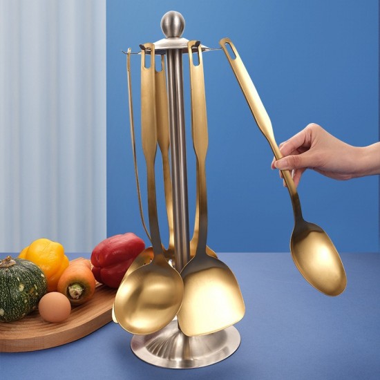 6dcckeuken roestvrij staal gouden kookgerei opknoping koreaanse stijl met patroon keukengerei diner soep lepel frituur spatel