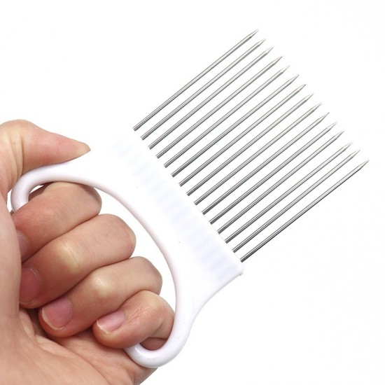 An79roestvrij staal ui naald vork grenen vlees naald groente fruit slicer tomaat cutter cutting houder keuken