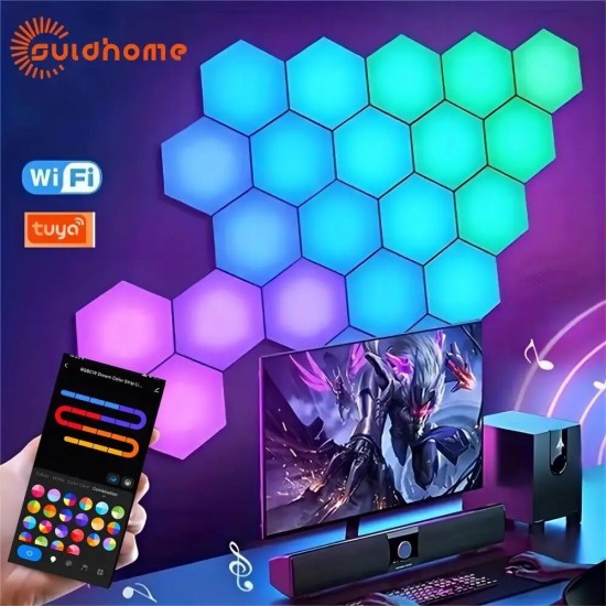 Led zeshoekige quantum lamp smart wandpaneel licht rgbic rgb droom kleur wifi app voice control muziek 2
